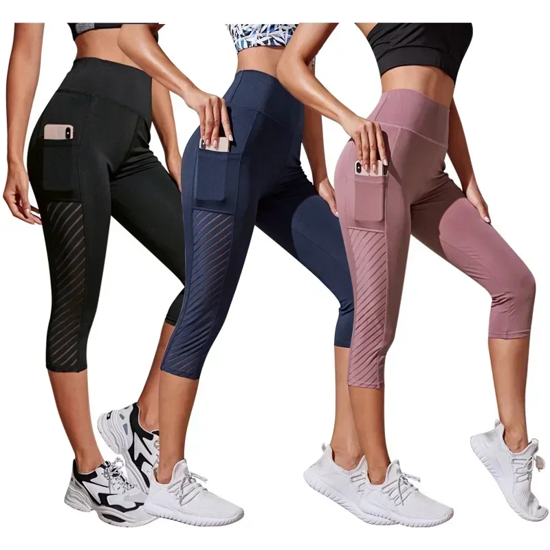 

Sport Shorts cropped pants Female Fitness Nudity High Waist Hip Lift Running Yoga Side Pockets Tights Quick Dry Gym Sportswear