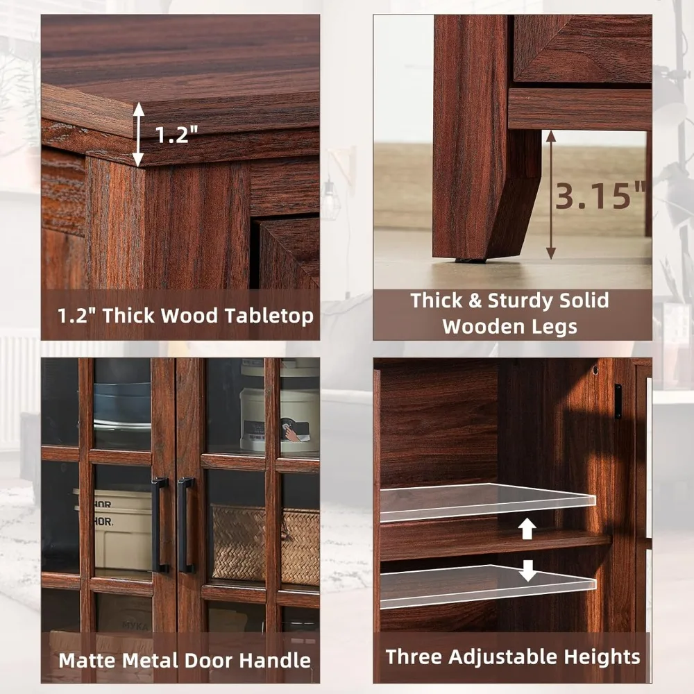 収納付き大型サイドボードビュッフェキャビネット、32インチファームハウスブラウンキッチンコーヒーワインバーキャビネット、ガラス扉2枚付き。