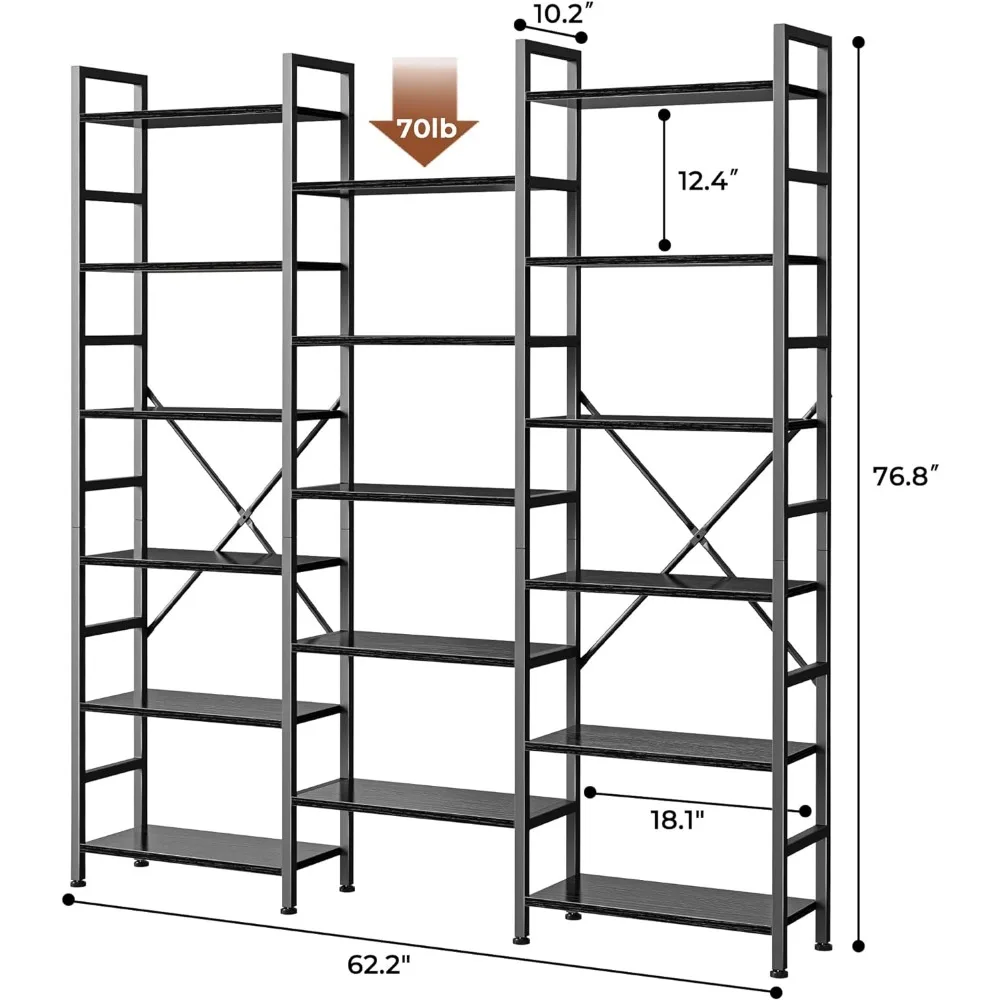 Triple 6 Tier Bookshelf, Bookcase with 17 Open Display Shelves, Wide Book Shelf Book Case for Home & Office, Black