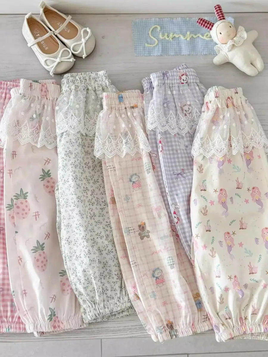 

Детские летние модные брюки-фонарики с защитой от комаров, дышащие, удобные, повседневные брюки для маленьких девочек, детские длинные брюки