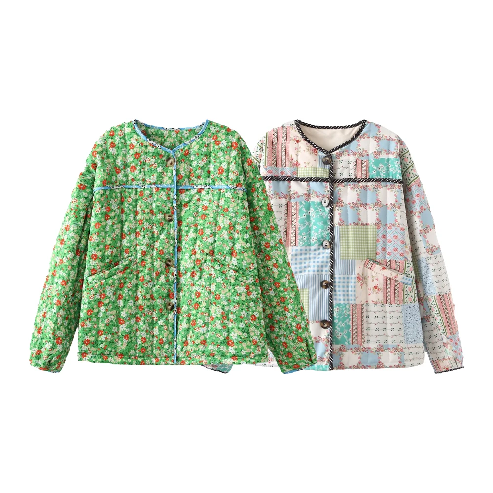 

Taop&Za Autumn New Product Women's Fashion and Leisure Versatile Round Neck Single breasted Printed Cotton Jacket