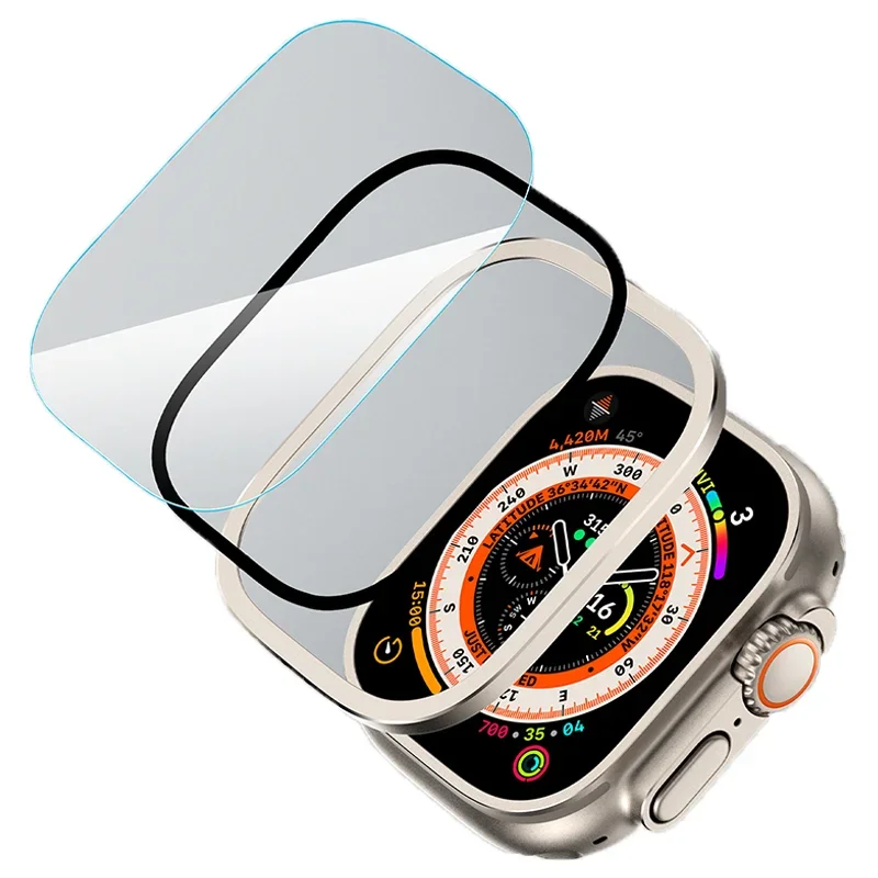 Carcasa metálica de aleación de aluminio para Apple watch, pegatina de protección antiarañazos de pantalla ultra de 49mm, película de vidrio templado de alta definición