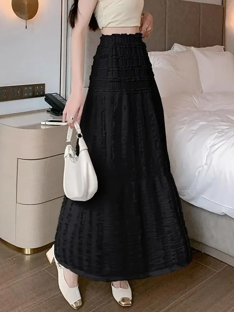 Saias femininas de cintura alta retalhos midi preto novo em y2k vintage verão 2025 luxo elegante casual chique streetwear saia feminina