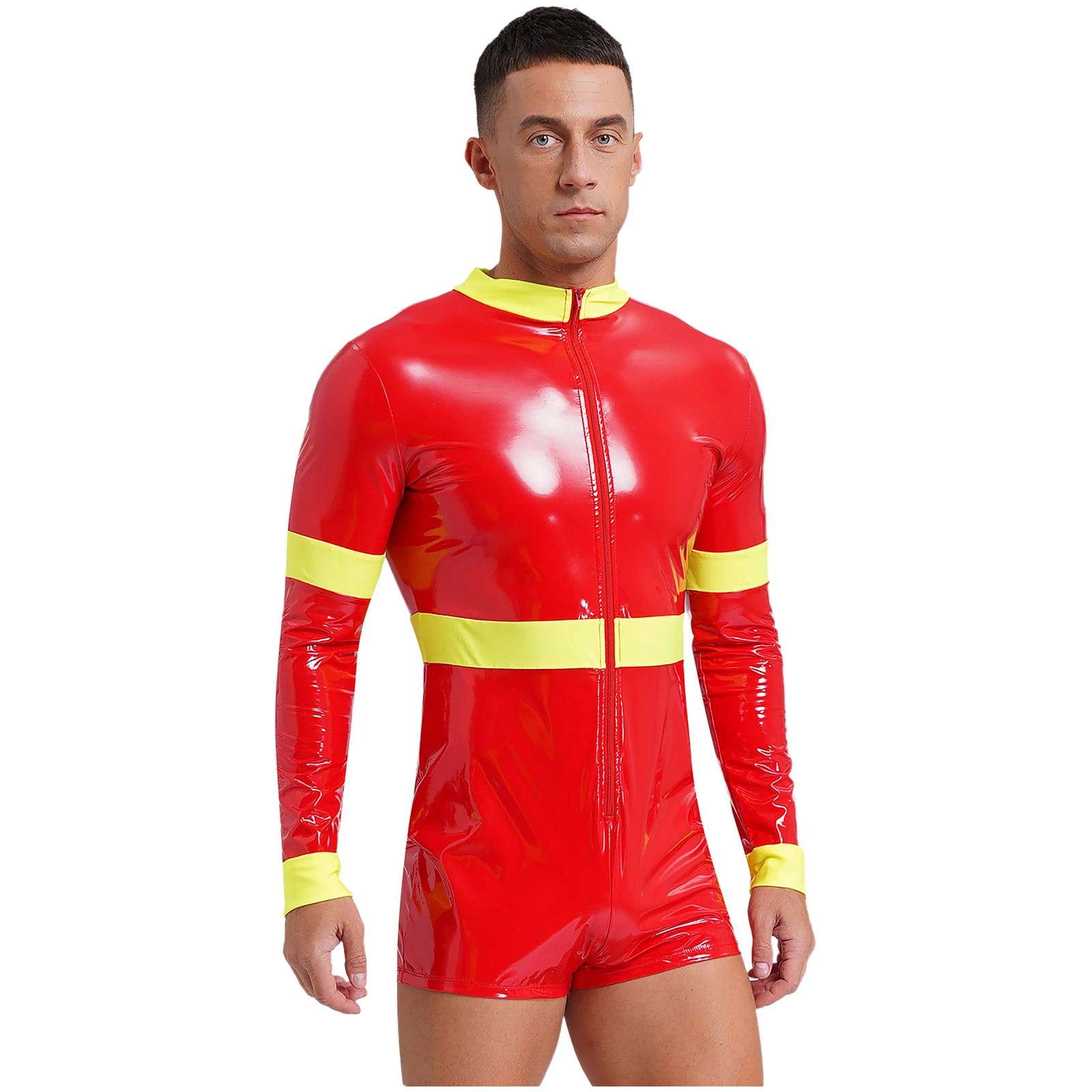 Mens Sexy Firefighter Uniform Sam Firemen Cosplay Costume Long Sleeve Patent Leather Front Zipper Boyshorts Bodysuit Jumpsuit