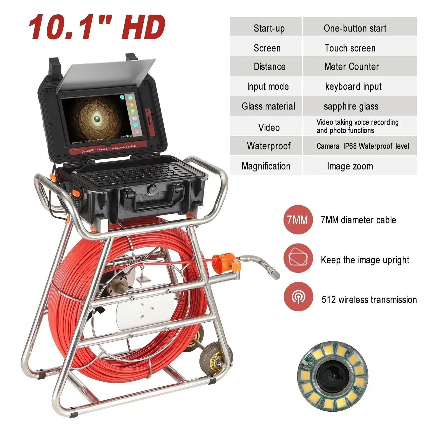 

Камера для осмотра канализационных труб 10,1 дюйма, сенсорный экран HD1080P, промышленный эндоскоп SYANSPAN, зонд 512 Гц + локатор/приемник + самовыравнивающийся