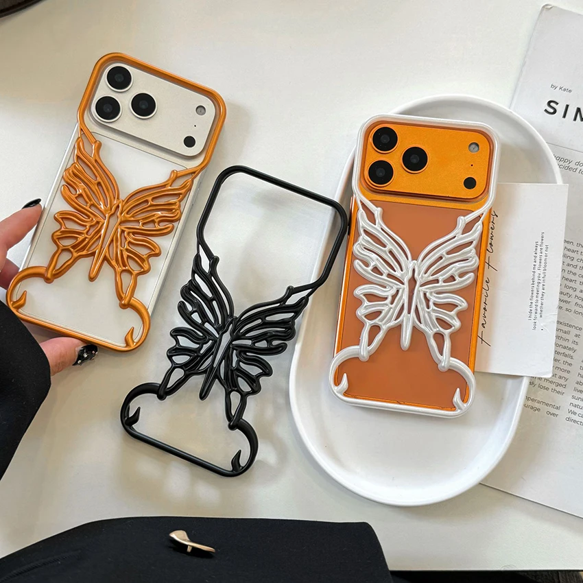 

Skeleton Bezel-Less Phone Case For Iphone 17 16 15 14 13 Pro 12 11 Max Electroplating Butterfly 16Promax Phone Case Matte Cover