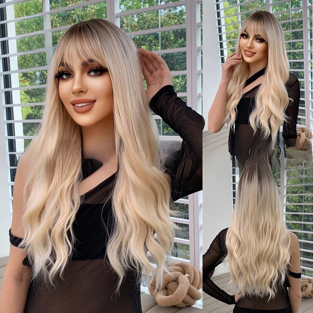 

European and American wigs, headgear, natural gradual change on top of the head, women's long curly hair, tacos, light gold wigs