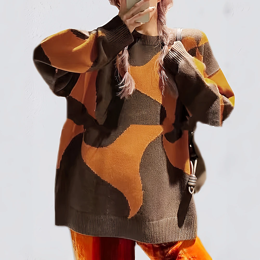 Damski sweter w stylu retro, kawaowo-pomarańczowy, kontrastowy, dzianinowy, z falistym wzorem żakardowym, luźny, w stylu lazy street, modny strój.