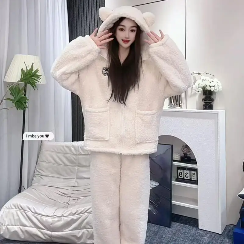 

Осенне-зимний утепленный пижамный комплект для девочек, кавайные пижамы с героями мультфильмов, милая ночная рубашка, сохраняющая тепло, домашняя одежда, коралловый флис, одежда для сна на молнии с капюшоном