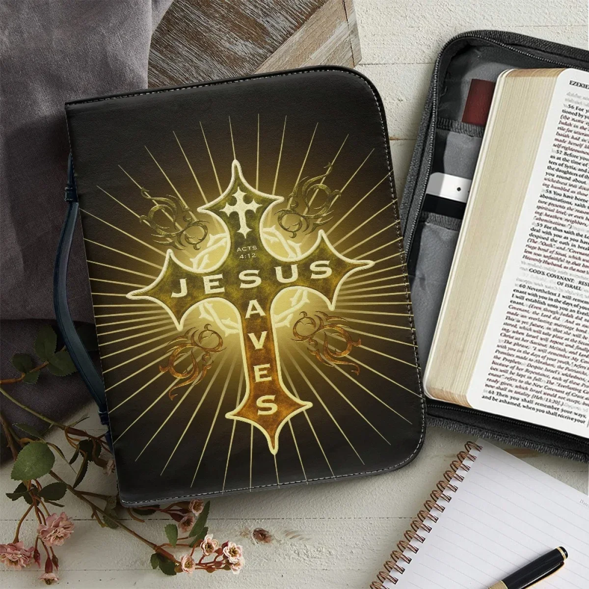 

Women's Bible Bag Christian Cross Print Design Customized Study Book Holy Storage Boxes Zippered Handle Bible Case With Pockets