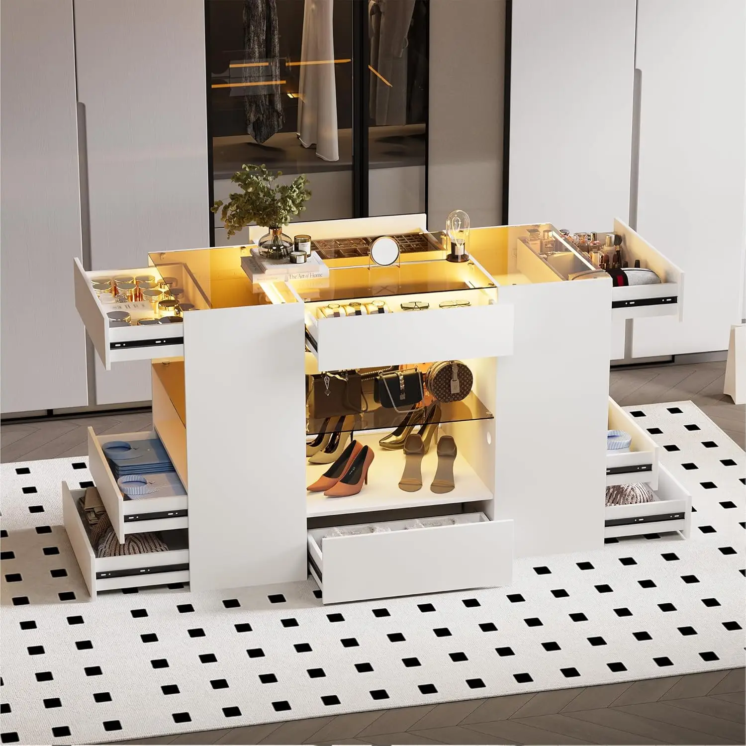 

Modern Closet Island with 10 Drawers, LED Wardrobe Armoire Island with Glass Top, Luxury Walk-in Closet Island Storage Cabinet