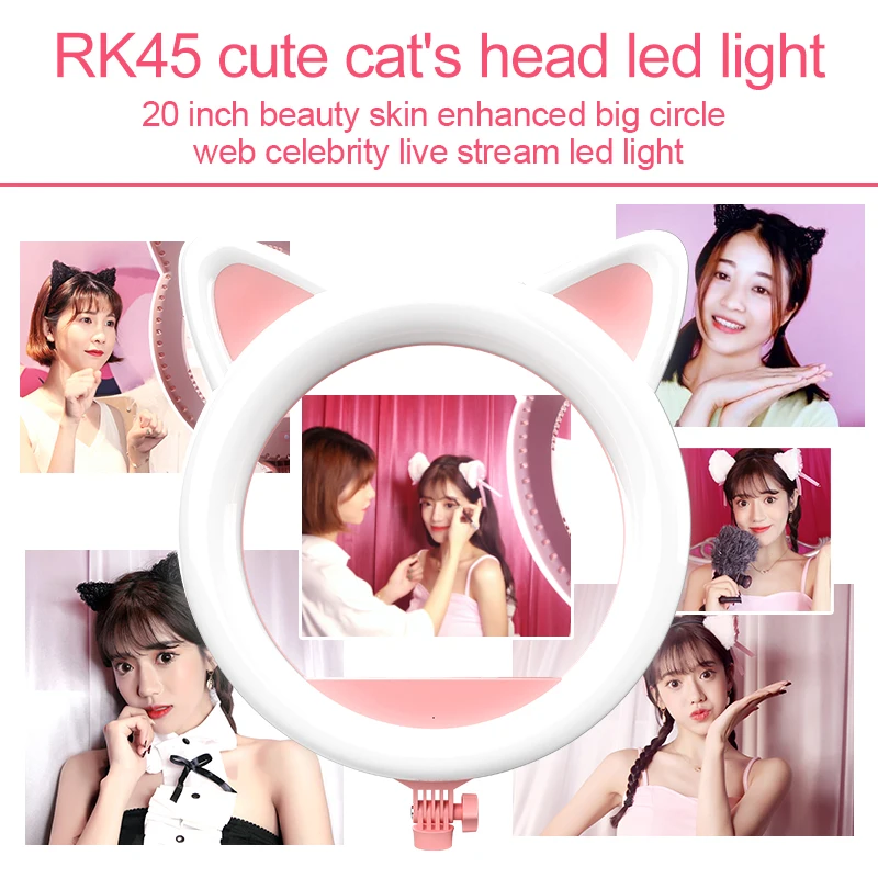 20 Inch LED Selfie Ring Light Cat Ear Dimmable 10 Level Photography Lighting for Makeup Video Youtube Studio Light Pink