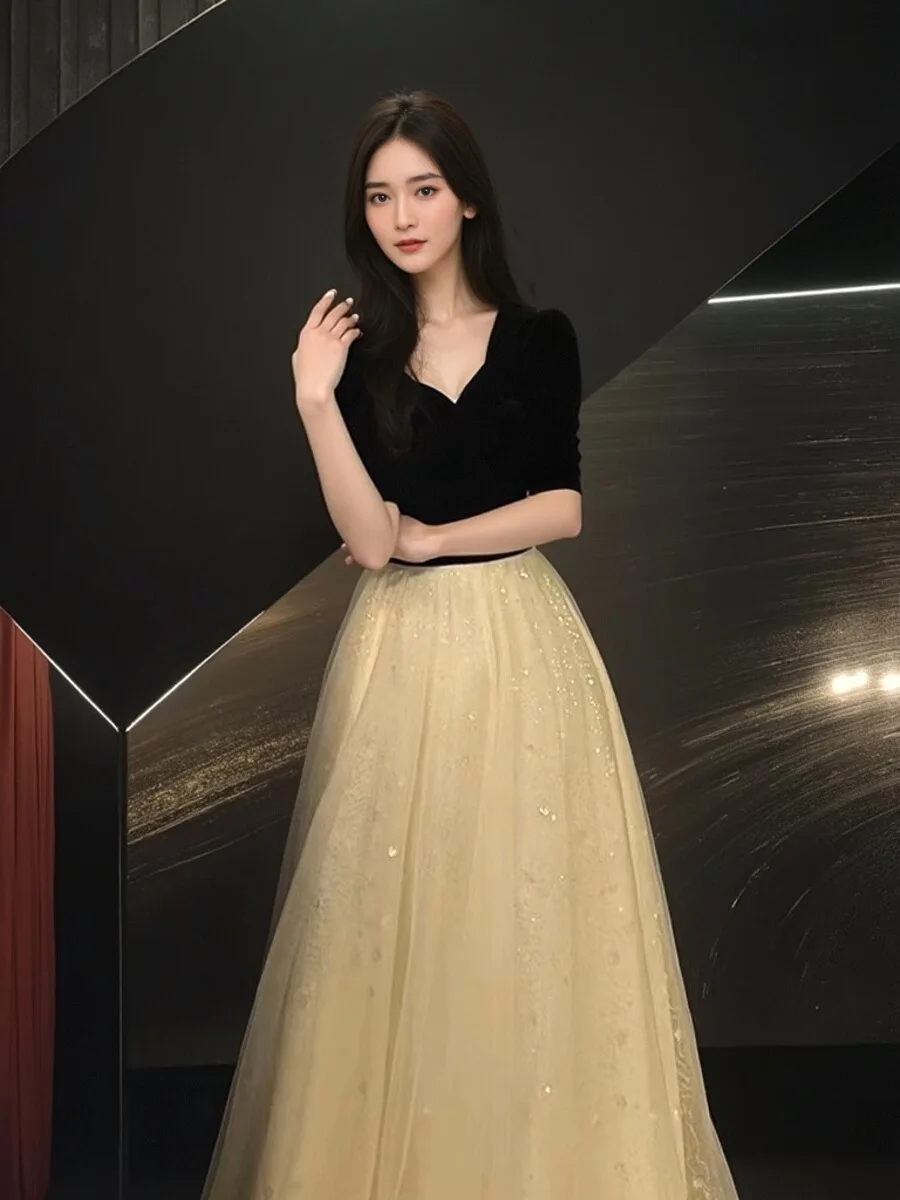 

Вечернее платье Ele для женщин, новинка 2025 года, элитное, роскошное, блестящее, для торжественных мероприятий, в корейском стиле