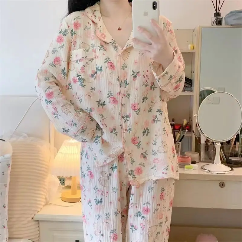 

Spring Autumn Japanese Pajamas Female Pure Cotton Homewear Ins Long Sleeves Pants Sleepwear Student Wear Outside Lounge Clothes