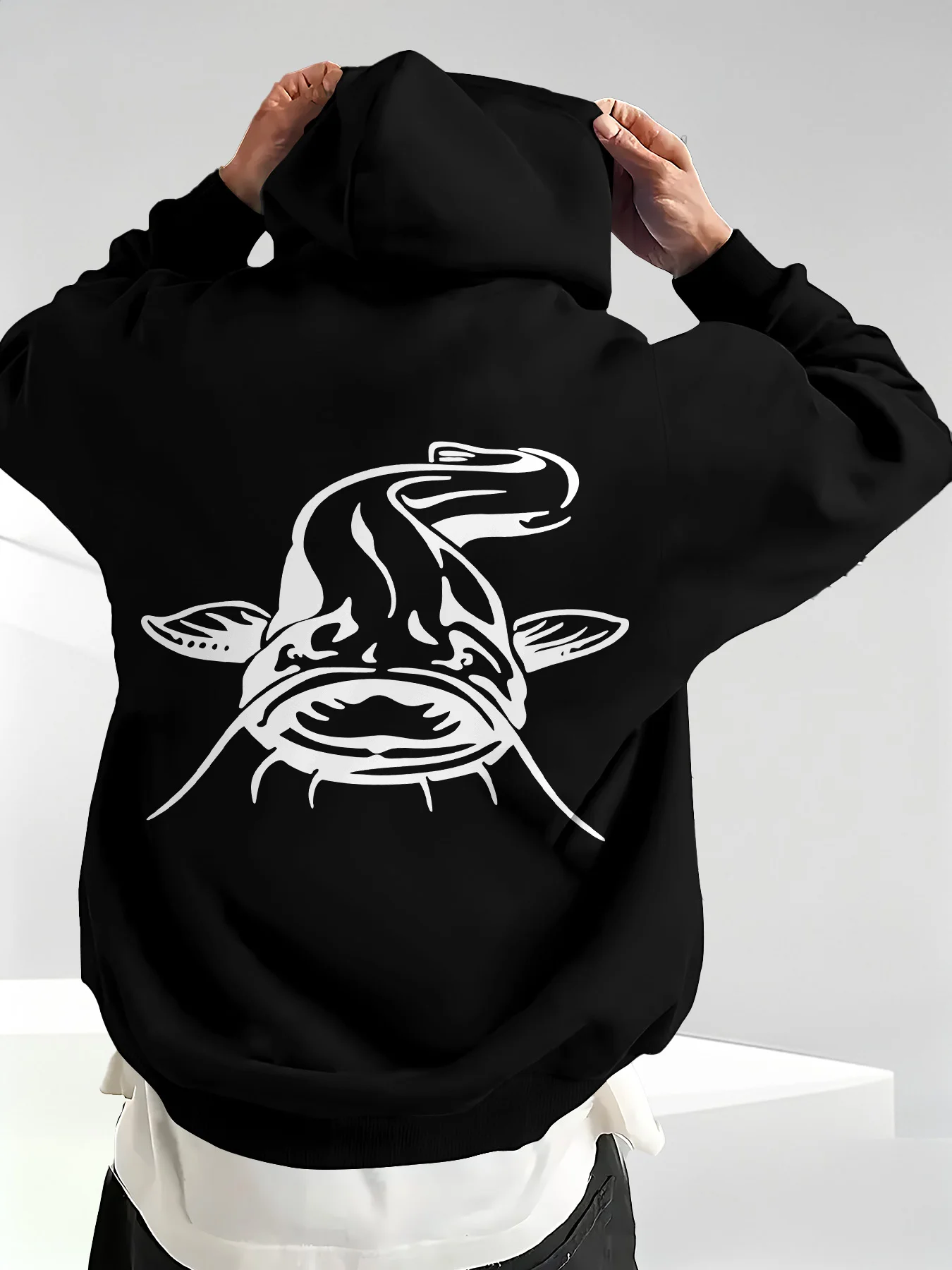 Black Fish Print Men Hooded Sweatshirt Autumn and Winter Daily Outdoor Sports Loose All Build Fitness Leisure Warm Street Style