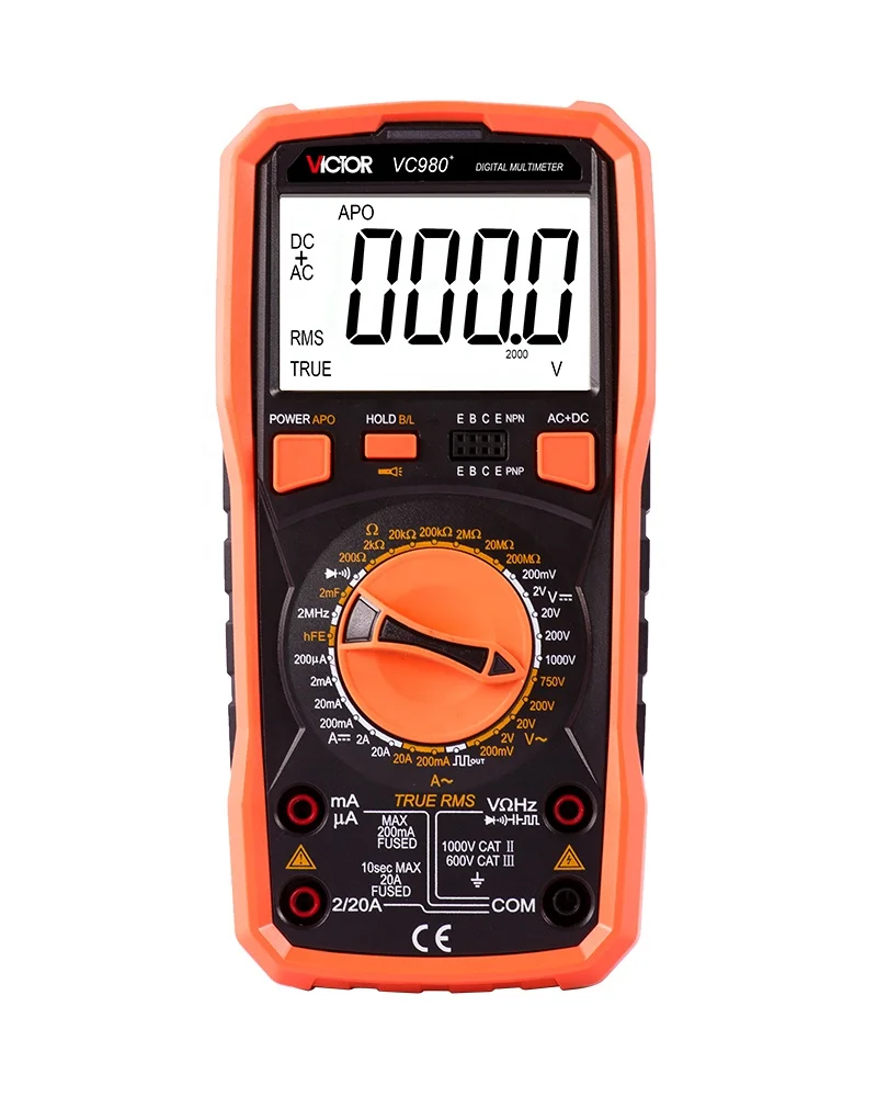 

VICTOR VC980+ Hand Held 4 1/2 Digit True RMS Digital Multimeter Auto / Manual Range DC AC With Diode Square Wave Tester