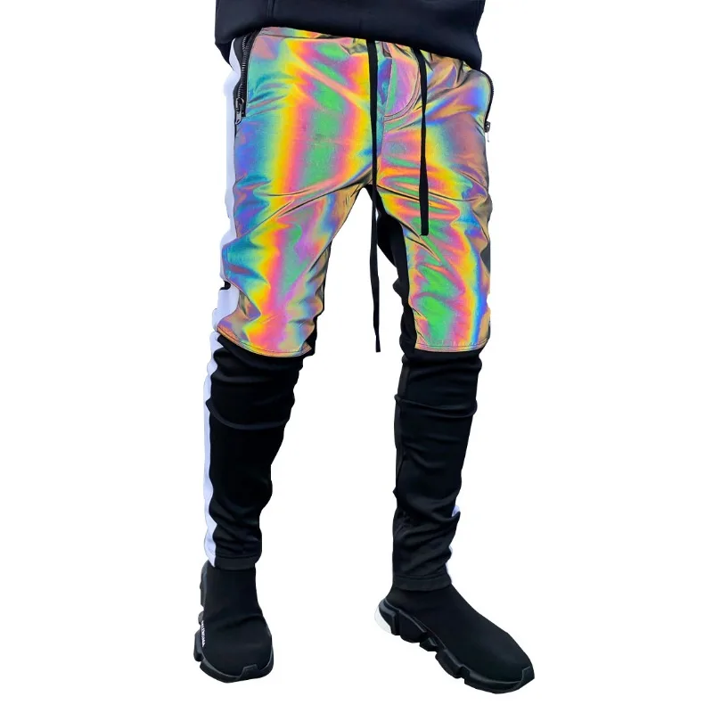 ‌ جديد عاكس بانت قزحي الألوان الملونة بنطلون توهج الظلام ركض الشارع الرقص ارتداء الهيب هوب السراويل الكفة السراويل الهذيان حزب الزي