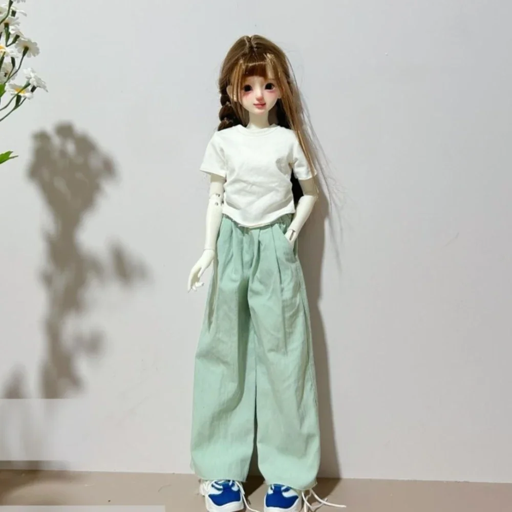 New 1/4 Doll's Clothes Suit for 45cm Bjd Doll Casual White T Short Sleeved Top Pants Wide Leg Pants Doll Accessories, No Doll