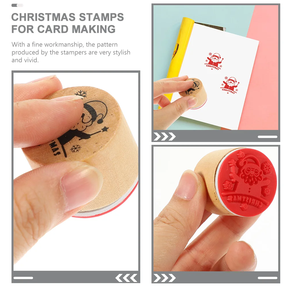 12 Pcs Cards Ink Stamp Wooden Stamps Christmas Party Favors Cartoon Stampers Child Round