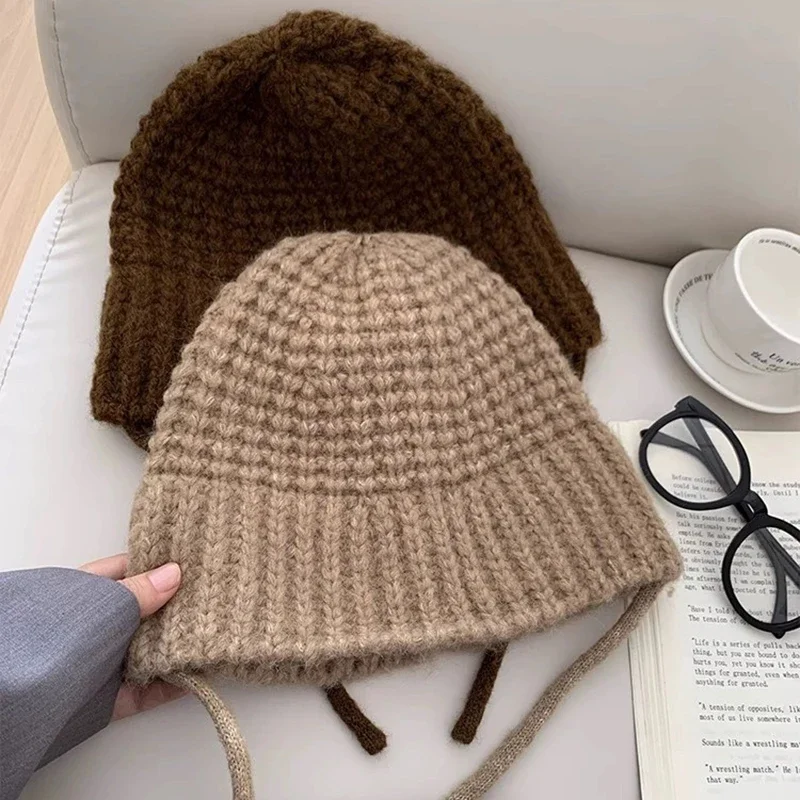 Cute Knitted Bucket Hats Women Autumn Winter Warm Pile Caps Ear Protection Bonnet Cap Vintage Handmade Thicken Korea Streetwear