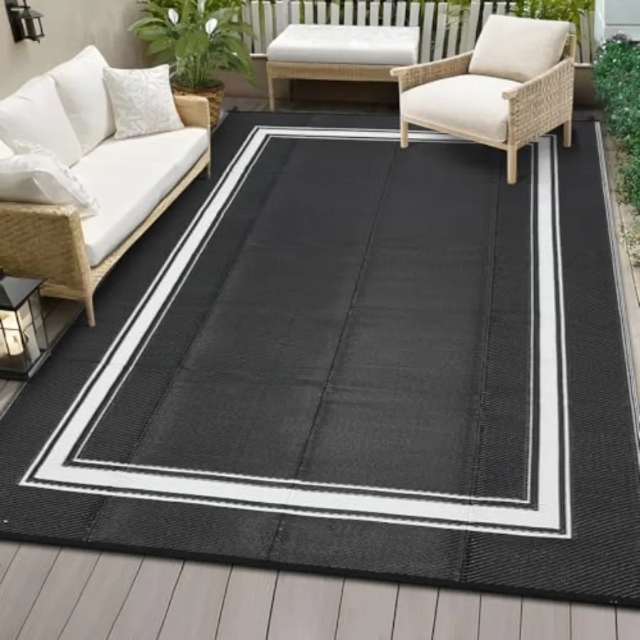 

Outdoor Plastic Straw Rug 9x12 for Patio Balcony Deck Yard, UV Resistant Waterproof Reversible Black Rug with Portable Bag 4 St