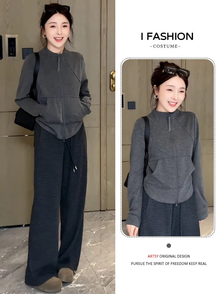 

Корейская толстовка с длинными рукавами на молнии, тонкая повседневная верхняя одежда, антивозрастная, универсальная, осенняя, новый дизайн, модная, для женщин