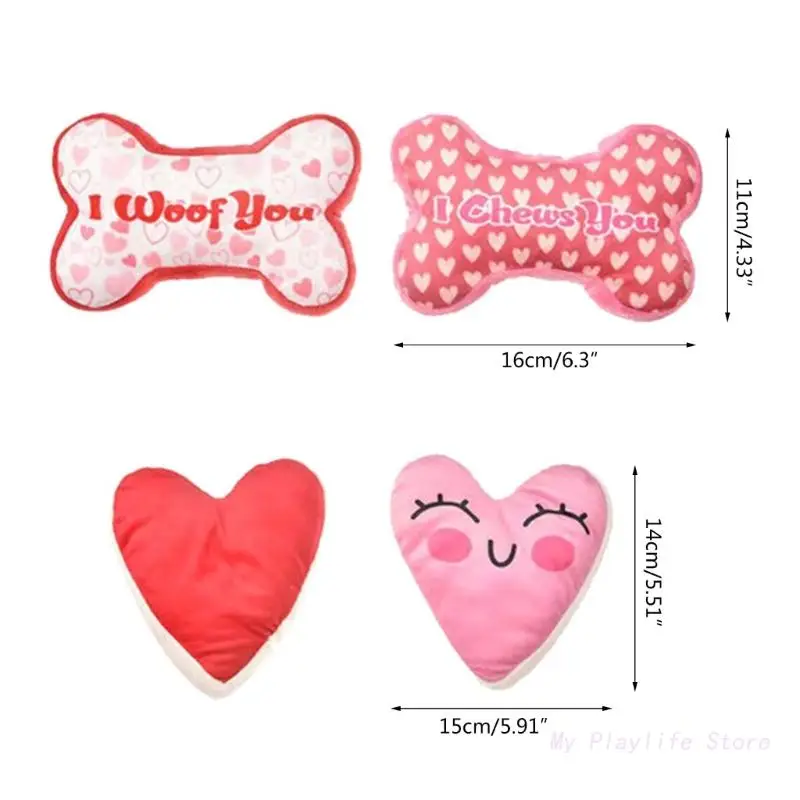 Dog Tug-of-war Toy Squeak Heart/Bone Shape for Medium & Small Dogs Cute Plush Chew Toy I Woof You / I Chews You