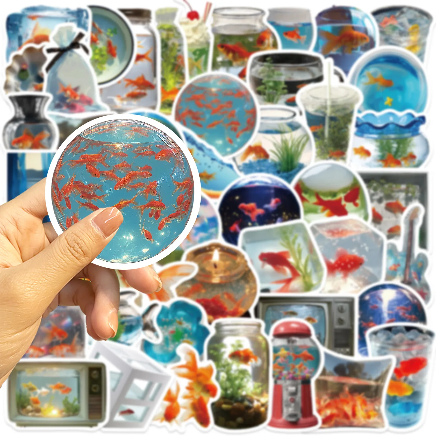 50 PCS Cartoon Goldfish & Fish Tank Realistic Graffiti Stickers Decorate Vase Fish Tank Student DIY Material Waterproof Decals