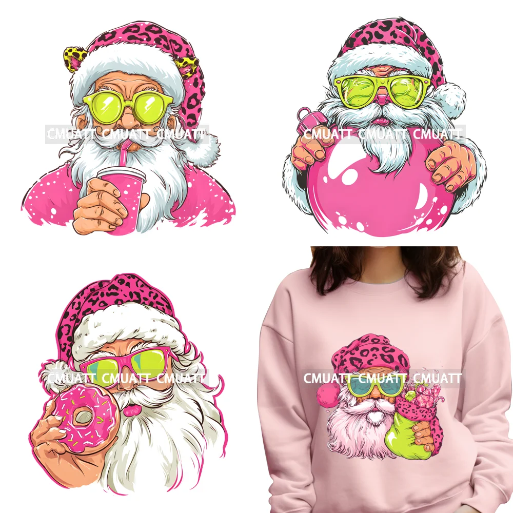 

Cute Bubblegum Leopard Santa Hat Heart Sunglasses Christmas Iron on DTF Washable Transfers Stickers Ready to Press for Clothes