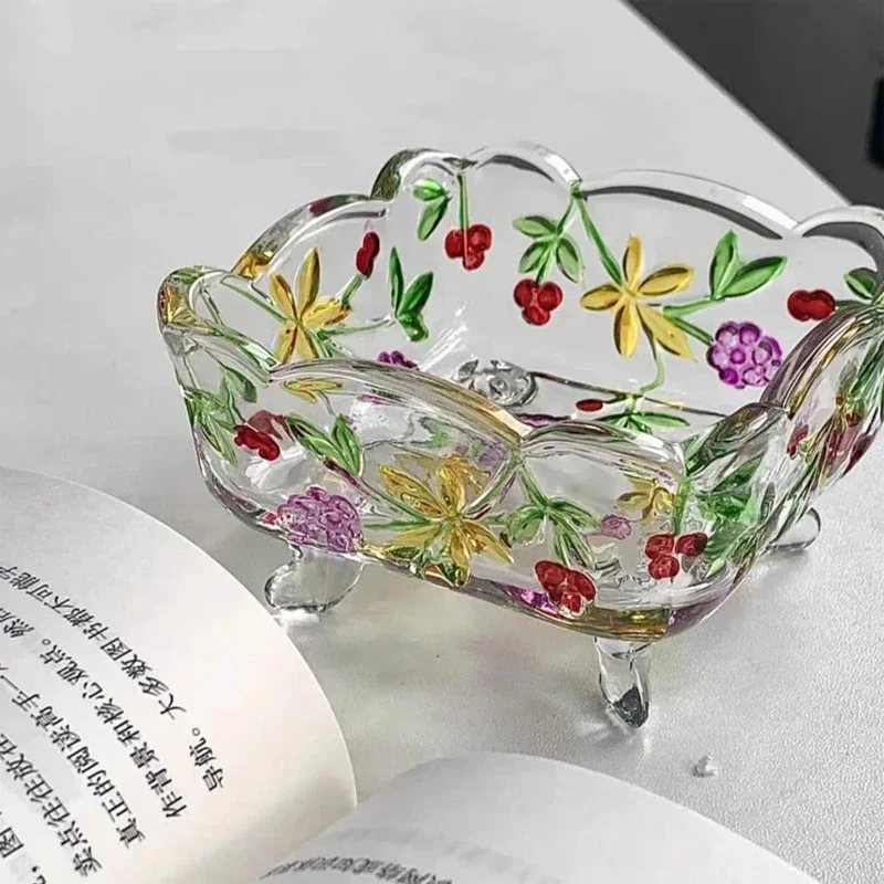 Hand-Drawn Colorful Floral Print Glass Plate Cute Mini Square Transparent Candy Storage Plates Household Snack Fruit Tablewares