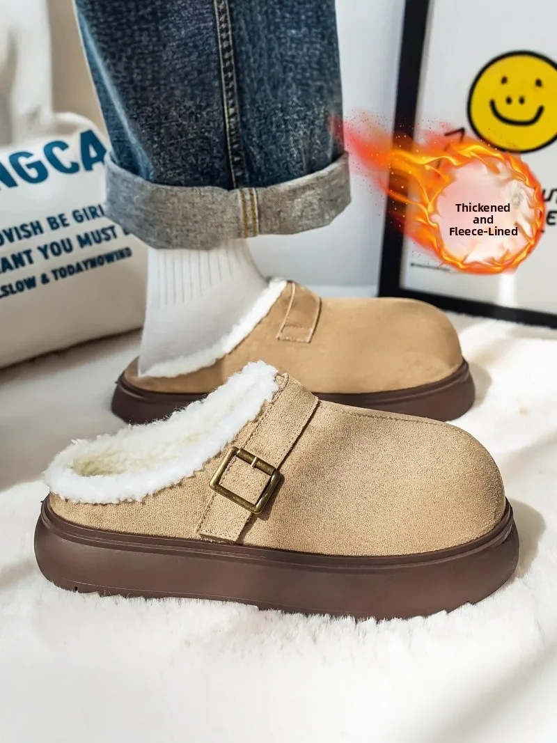 Men's Winter Thickened Fleece Lined Leather Fur Integrated Birkfoot Slippers Anti Slip Cold Resistant Large Head Slip on Shoes