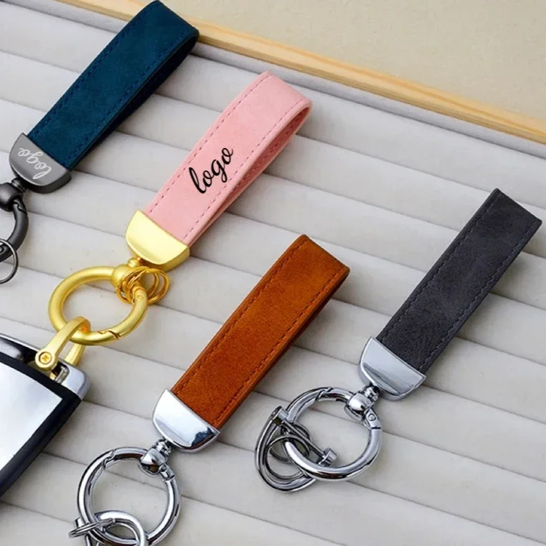 Laser Custom Nubuck Leather Keychain Personalize Car Logo Key Chain Holder Engrave Company Name Vintage Keyring Men and Women