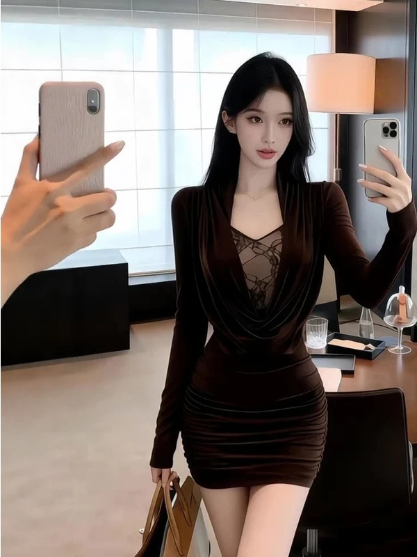 

Pure Desire Lace Splice V-Ne Long Sve Dr Женская зимняя плиссированная юбка для похудения с талией Bodycon Dr