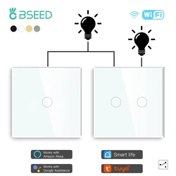 BSEED 1/2Gang Wifi  Touch Switches 2Way Smart Wall Switches Tuya Smart Life Google Alexa Yandex App Control Glass Panel 2Pack