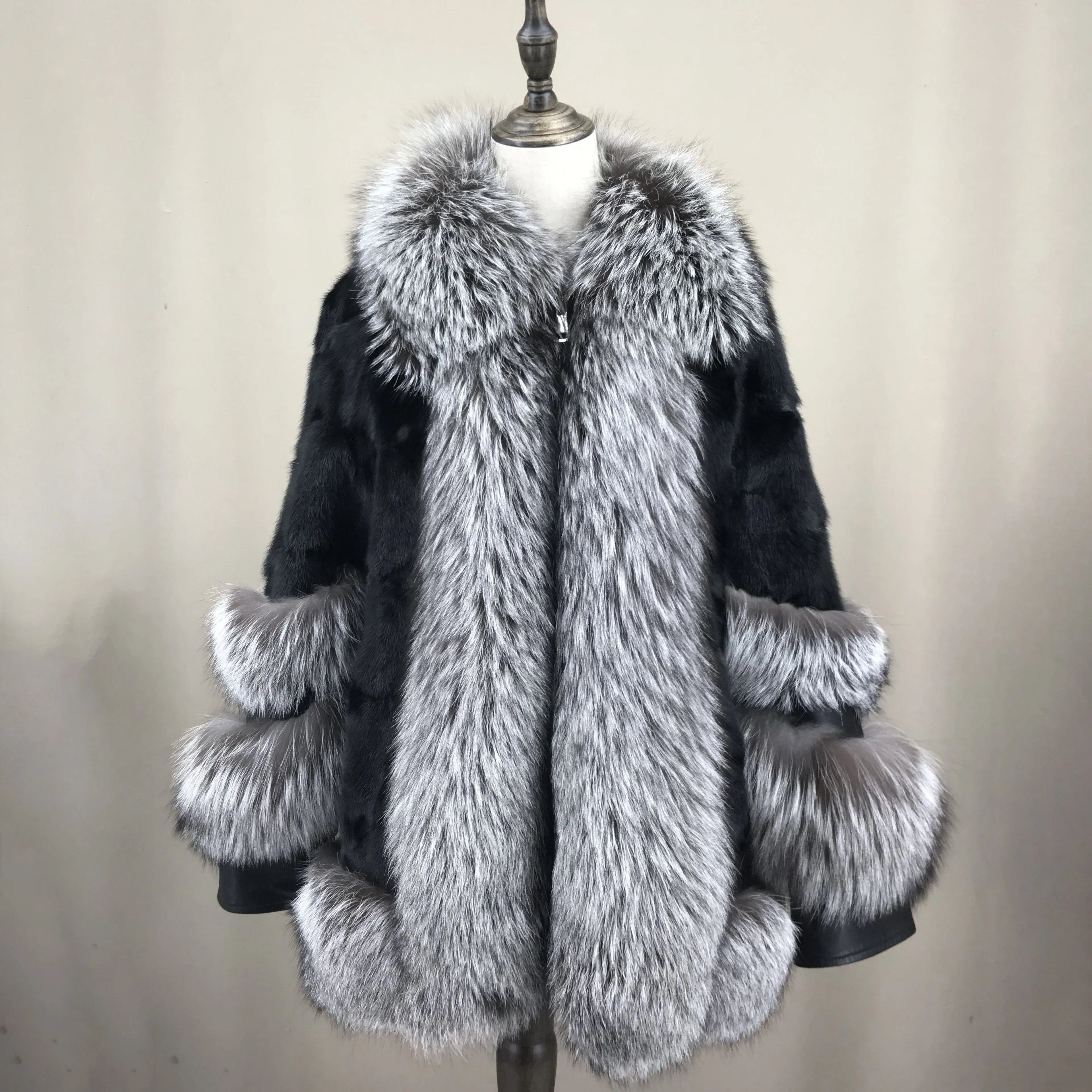 Cappotto di visone naturale con collo di volpe argento per donna, polsini frontali, peloso elegante, bella moda, nuovo stile, autunno e inverno,