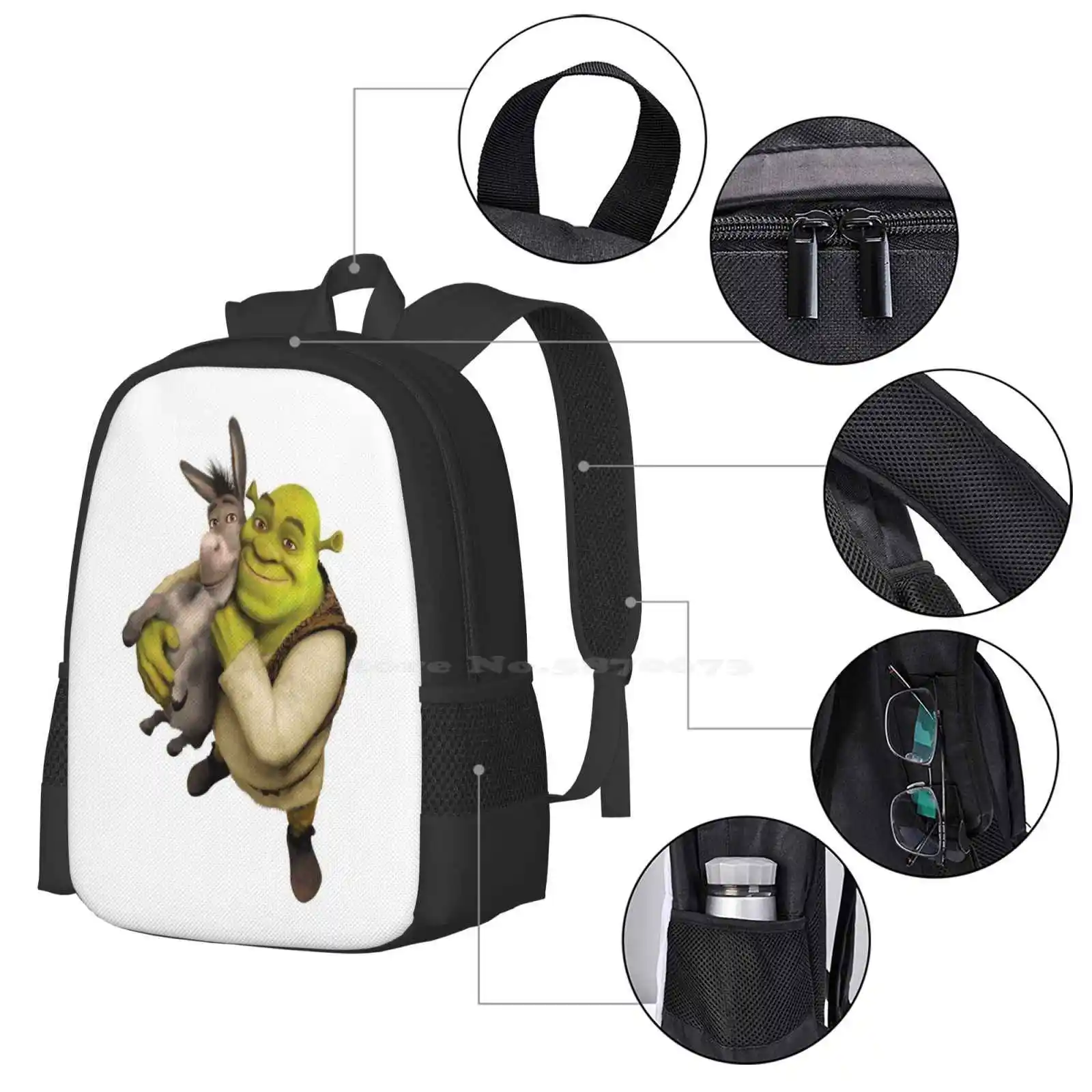 Shrek e Burro Mochila para Escola Estudantil, Bolsa de Viagem Laptop, Princesa Fiona Farquaad Lord, Gato de Botas