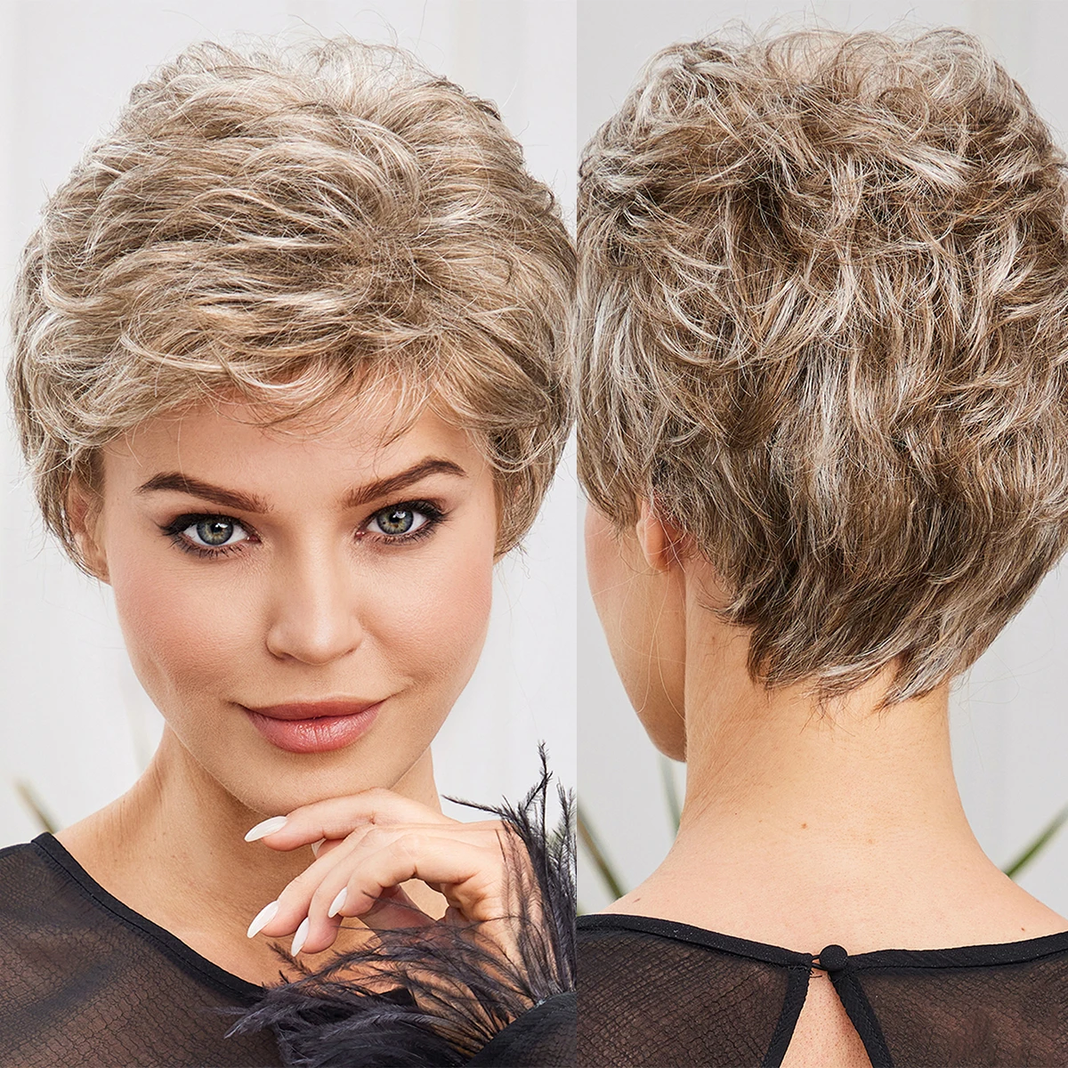 

Short Sandy Blonde Wigs for Women Memory Fiber Simulated Human Hair Pixie Cut Curly Wigs With Bangs Natural Daily Use Hair