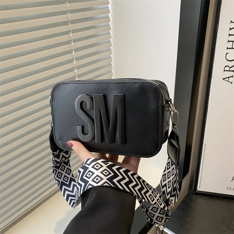 Chic SM Letter Camera Bags, Stylish Women’s Crossbody Small Square Purses with Wide Patterned Straps, Perfect for Daily Casual