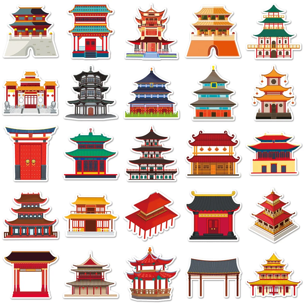 50pcs Vintage Chinese Ancient Architectural Building Sticker For Phone Ipad Stationery Aesthetic Stickers Scrapbooking Supplies