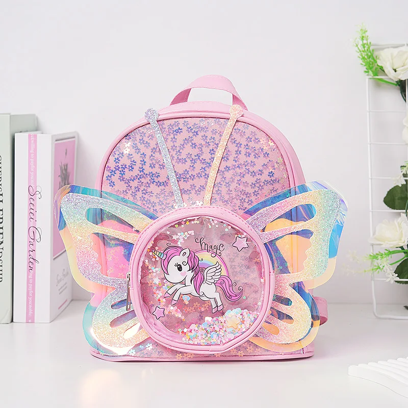 New Fashion Trend Kids Schoolbag Cartoon Unicorn Sequins Laser Transparent Butterfly Wings Shoulder Bag Large Capacity Backpacks