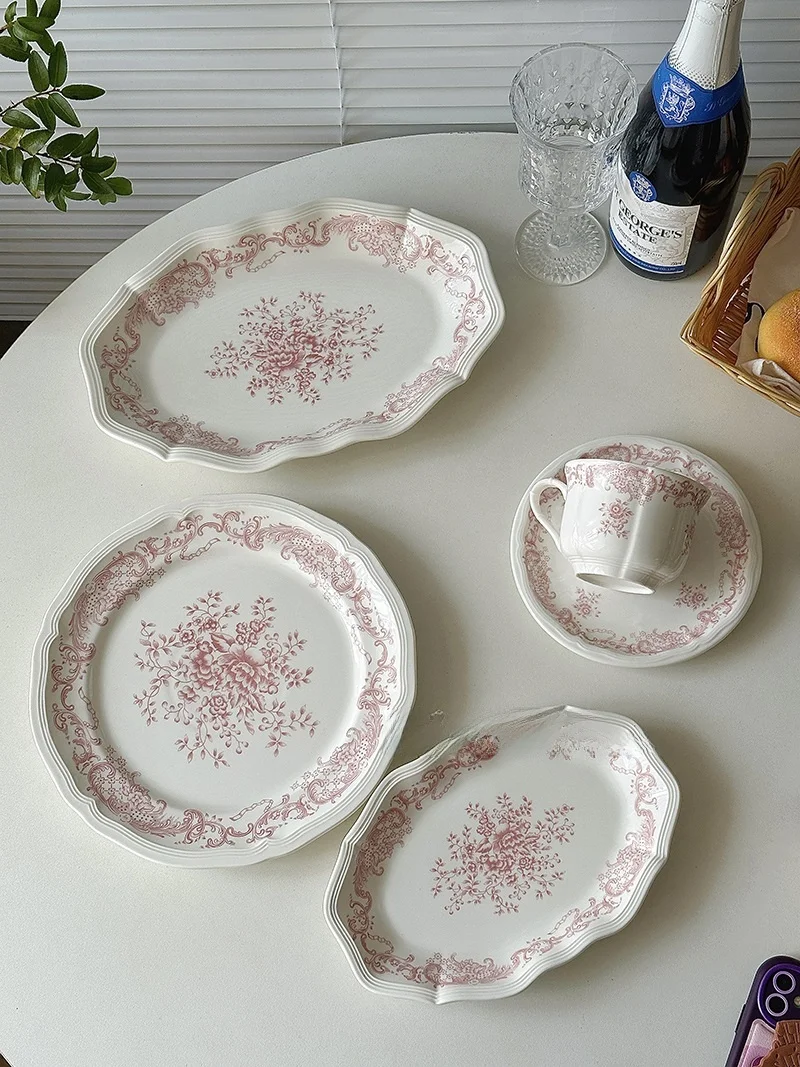 Prato de Jr Cerâmico Retro Rosa com Relevo Floral, Prato para Cé em Restaurante, Uso Doméstico, Prato para Bolo, Tamanh...