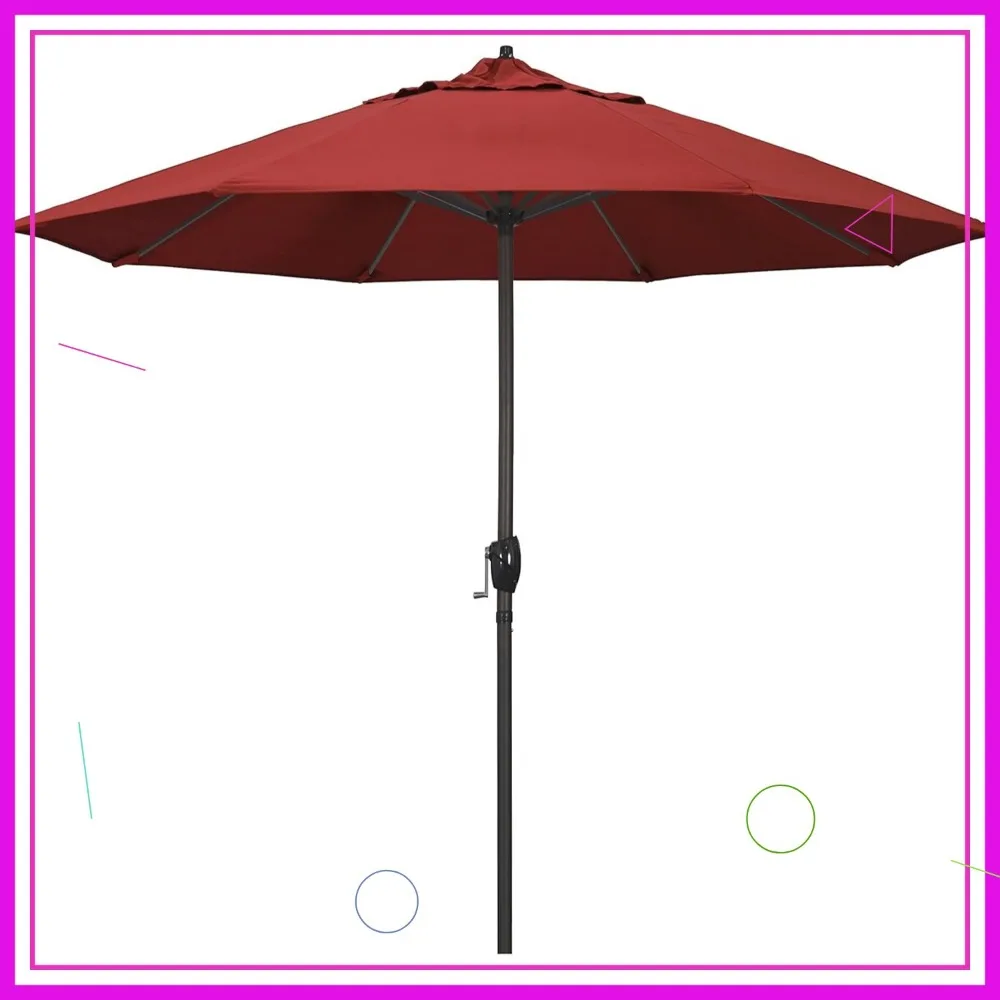 

9' Round Aluminum Outdoor Umbrella with Crank Lift and Auto Tilt, Bronze Pole, Red Olefin for Deck Pool Patio