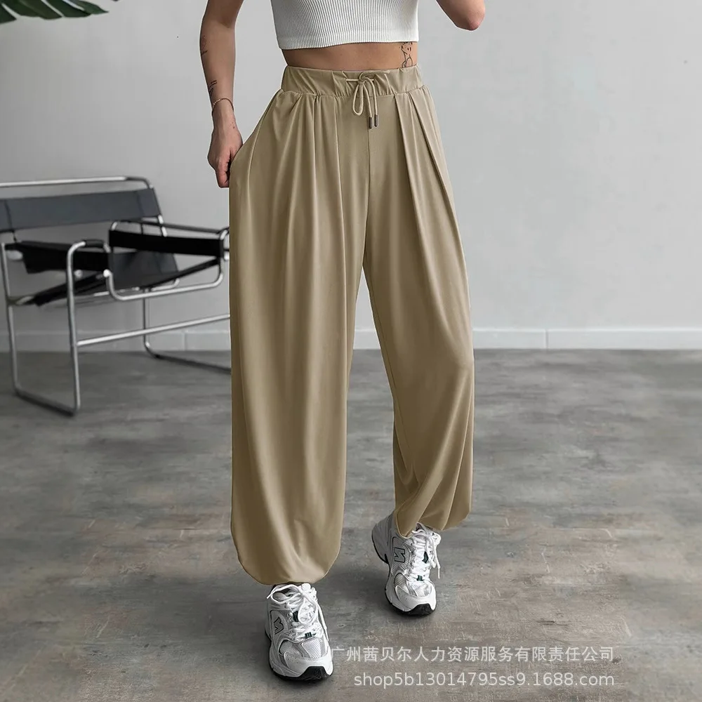 Women Solid Color High Waist Elastic Dtrawstring Cuffed Pants Casual Loose Fit Ruched Pants