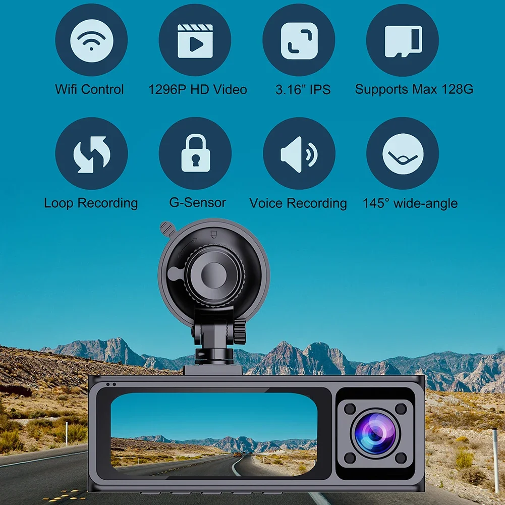 3 Channel Dash Cam 2K 1296P Night Vision IMX 415 Sensor Supports Cabin /Rear Camera Car Video Cycle Recorder 5G WiFi APP Control