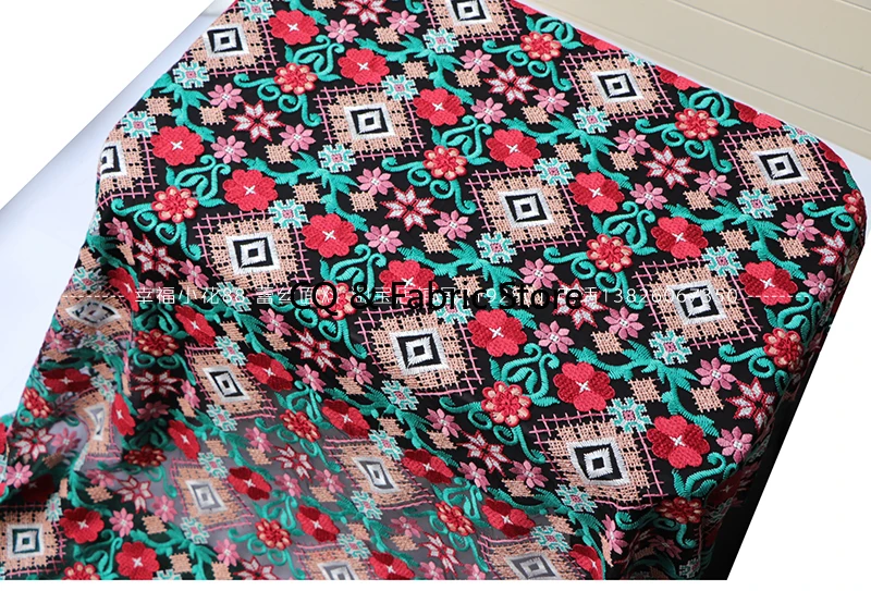 Black Ethnic Cross Stitch Embroidery Lace Fabric with Netting for Dressmaking By The Yard