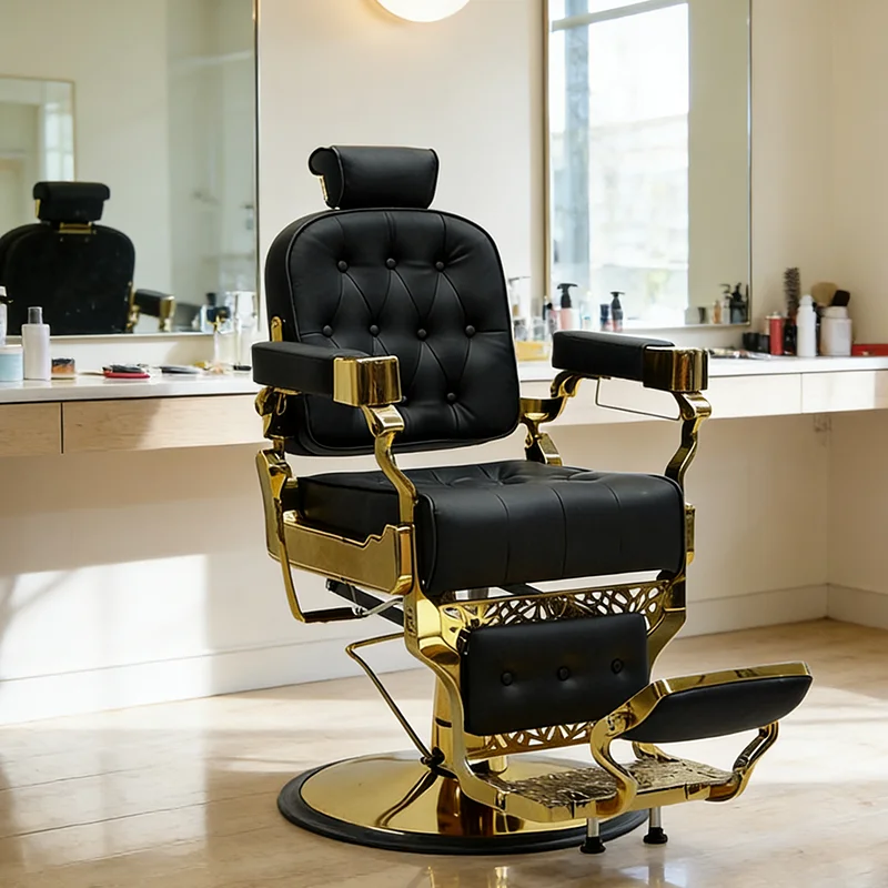 Classics Beauty Shop Salon Furniture Black Gold Shaving Styling Chair Antique Retro Round Base Barber Chair for Men