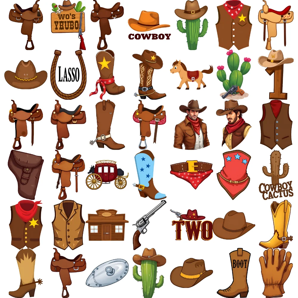 63 قطعة الوشم المؤقت حدوة الحصان المؤقتة لصاقات وشم عربة سترة الكرتون الغربية كاوبوي التمهيد للفتيات الفتيان الأسلحة