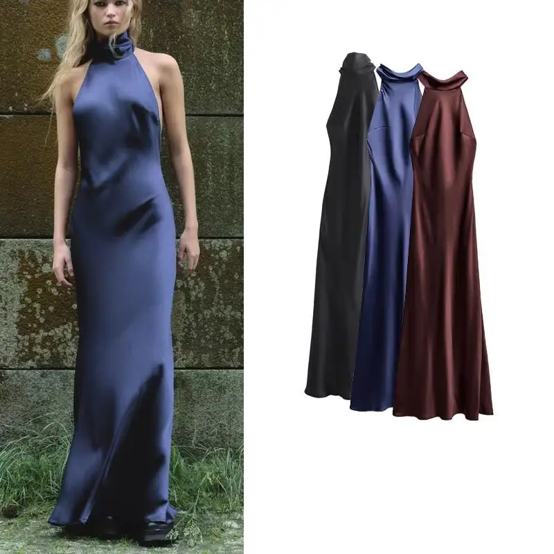 봄 신상 스타일 민소매 A라인 이브닝 드레스 홀터넥 실크 새틴 롱 드레스 하프 하이 칼라 원피스 여성 드레스