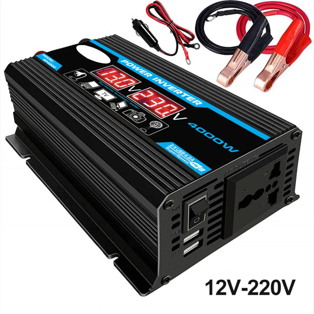 4000W Power Inverter DC 12V To AC 220V Car Sine Wave Converter Dual USB Quick Charge Dual USB Ports Built-in Fuses, Safe Chargin