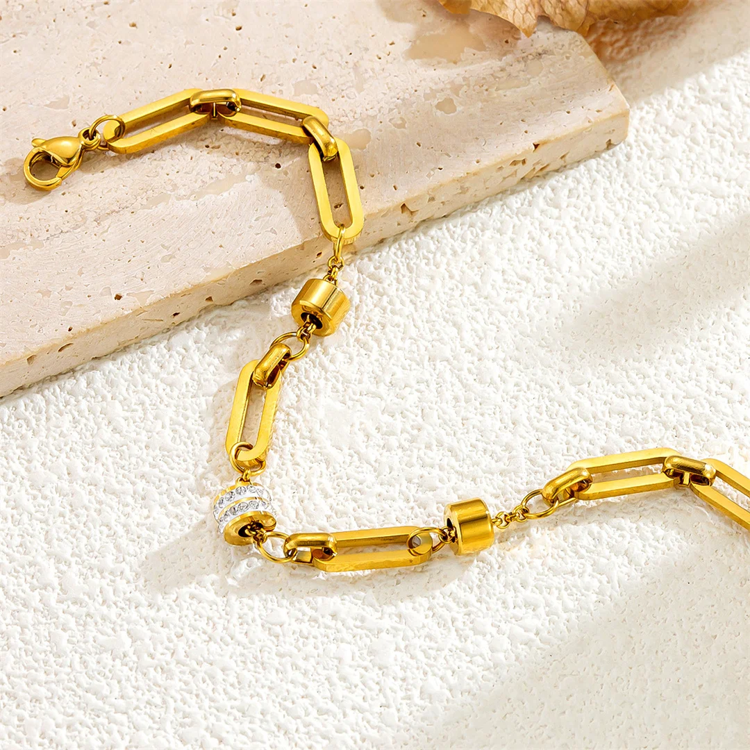 Punk Fashion Zirconia Paperclip Chain Bracelet Female Gold Color Stainless Steel Chain Link Bracelets for Women Jewelry Gift